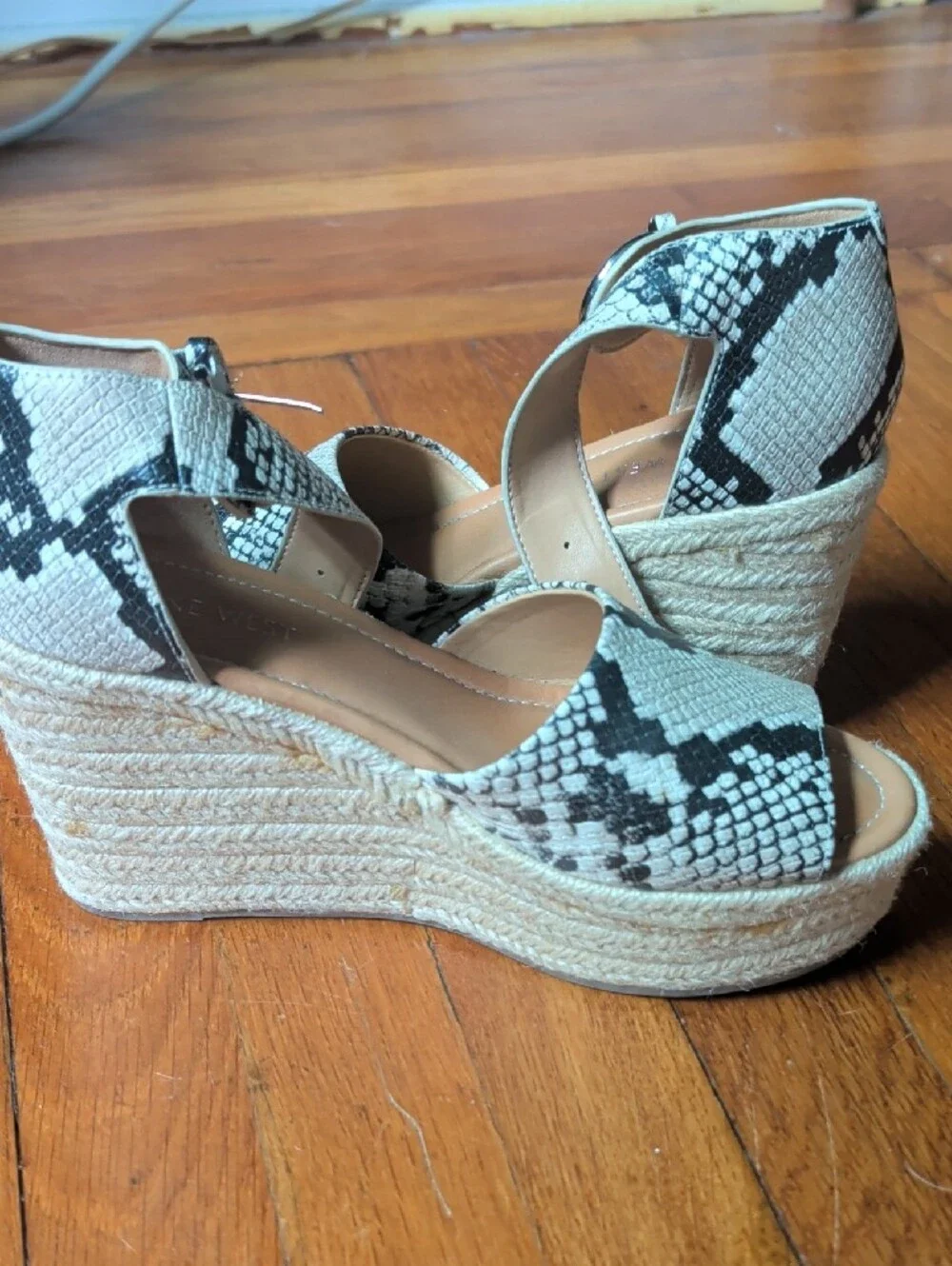 Snake-Print Espadrille Wedge Sandals in Black & White